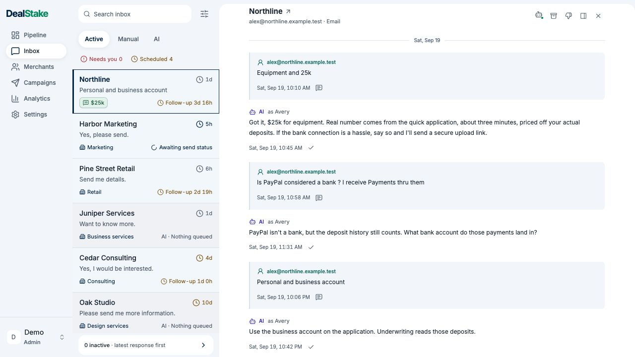 The actual DealStake Inbox, with the merchant queue and a funding conversation. Identities changed.